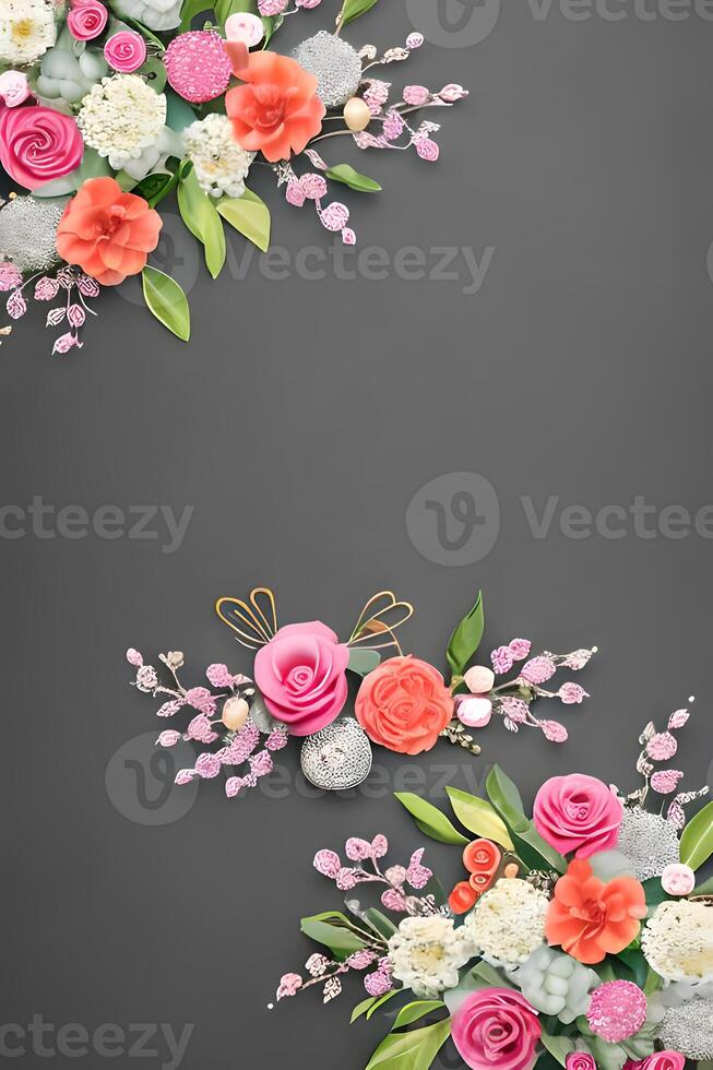 Colorful simple floral decoration, tiny flower illustration, background template, creative arrangement of nature and flowers. Good for banner, wedding card invitation draft, design element, and other. photo