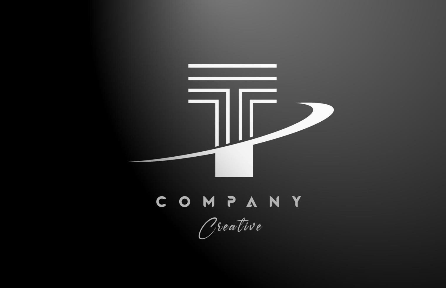 black white T alphabet letter logo icon design with swoosh. Creative line template for company and business vector