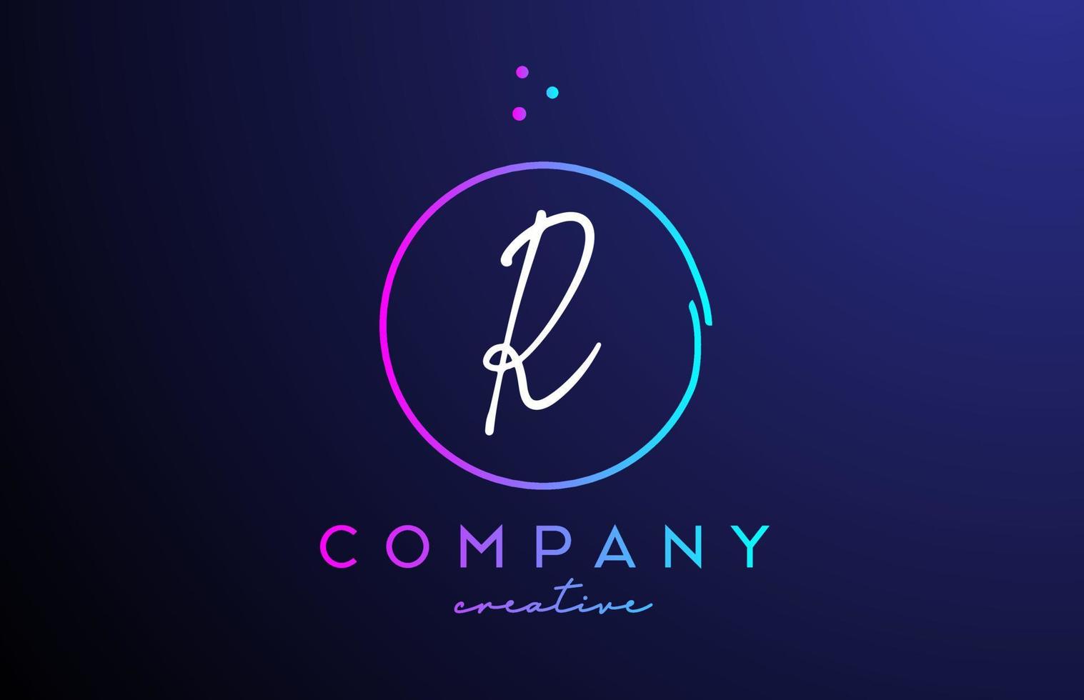 R handwritten alphabet letter logo with dots and pink blue circle. Corporate creative template design for business and company vector