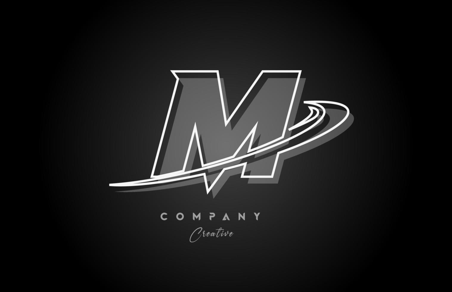 black and white M line alphabet letter logo icon design with swoosh and shadow. Creative template for business and company vector