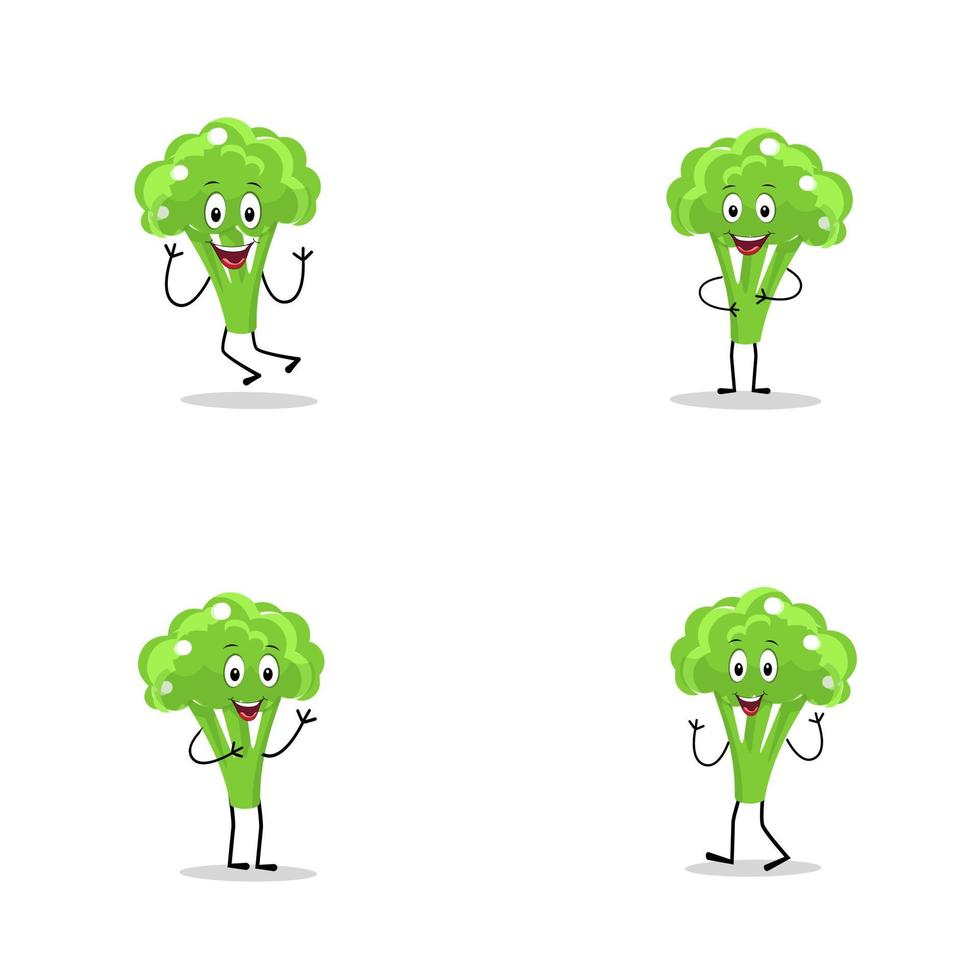 Broccoli mascot cartoon in vector. Cute happy smiling broccoli vegetable set collection. Vector flat cartoon character illustration icon design. content, happy, green smile, cheerful Face Emotion.