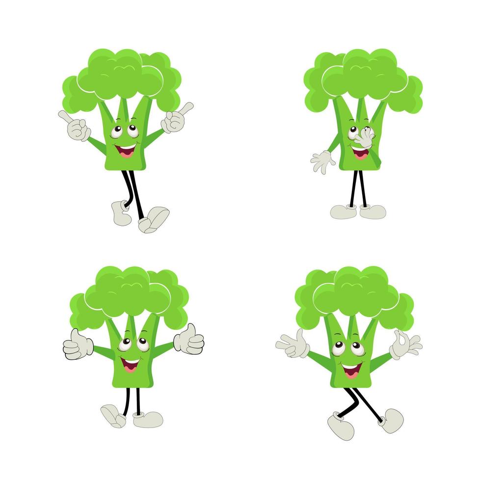 Broccoli mascot cartoon in vector. Cute happy smiling broccoli vegetable set collection. Vector flat cartoon character illustration icon design. content, happy, green smile, cheerful Face Emotion.