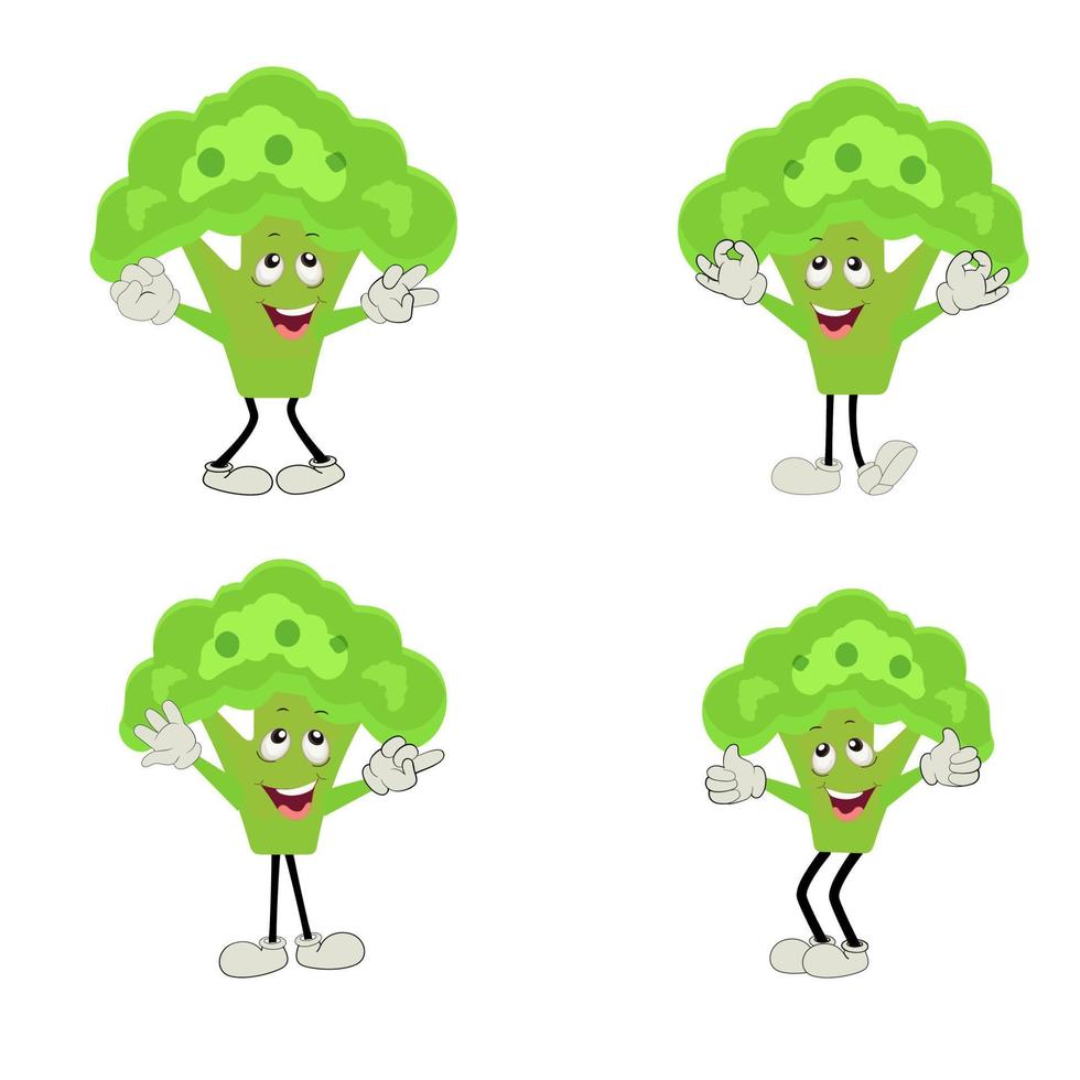 Broccoli mascot cartoon in vector. Cute happy smiling broccoli vegetable set collection. Vector flat cartoon character illustration icon design. content, happy, green smile, cheerful Face Emotion.