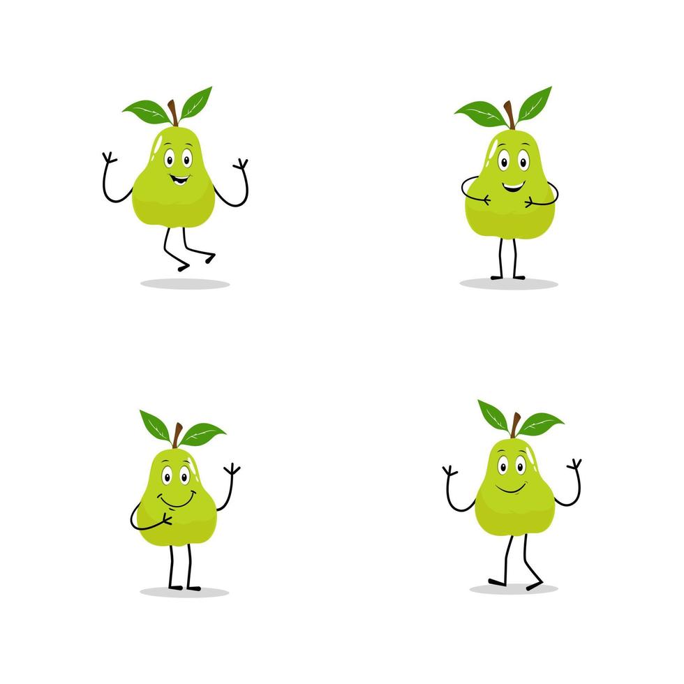 Pear fruit cartoon. Cute vector set of pear fruit character in different action emotion. Collection of pear characters in different expressions, Funny fruit mascot.