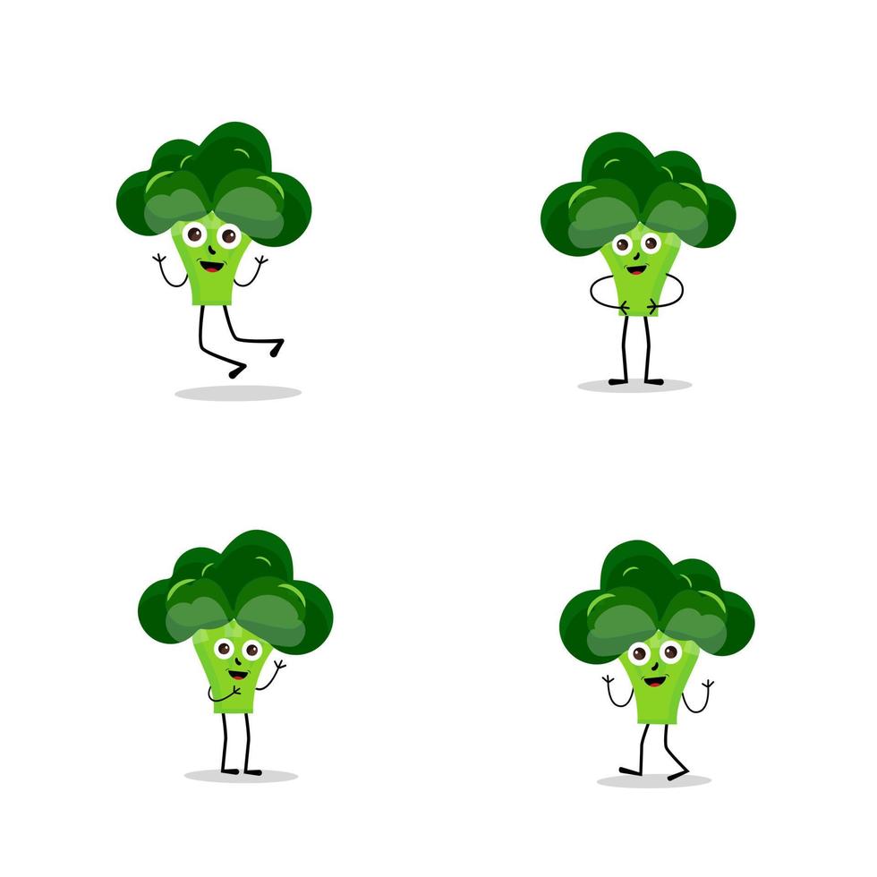 Broccoli mascot cartoon in vector. Cute happy smiling broccoli vegetable set collection. Vector flat cartoon character illustration icon design. content, happy, green smile, cheerful Face Emotion.