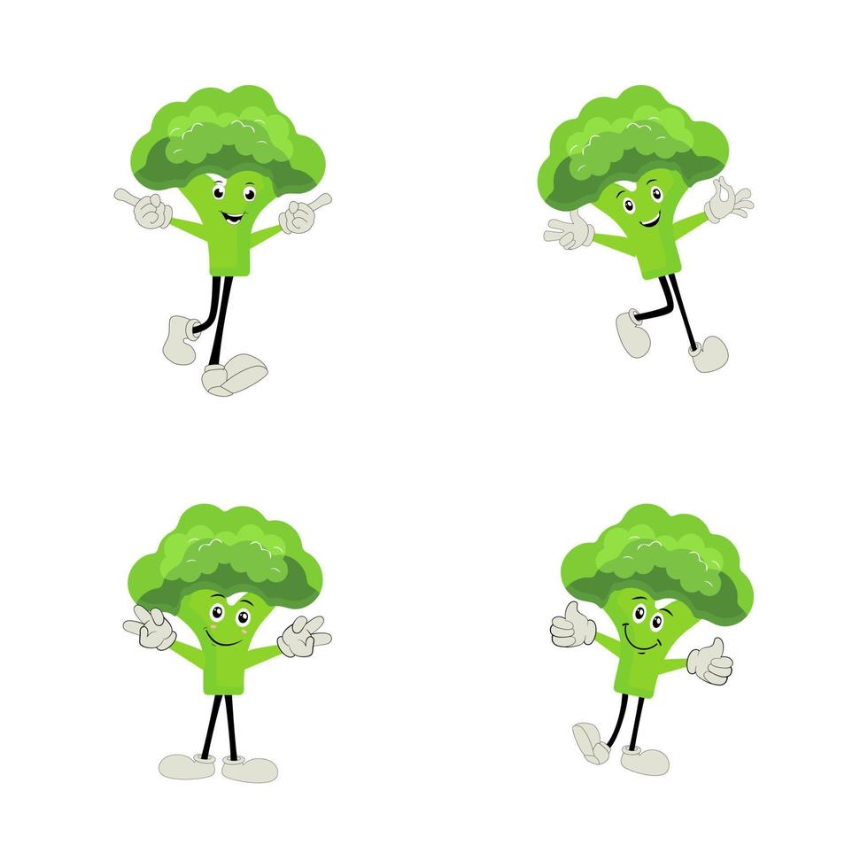 Broccoli mascot cartoon in vector. Cute happy smiling broccoli vegetable set collection. Vector flat cartoon character illustration icon design. content, happy, green smile, cheerful Face Emotion.