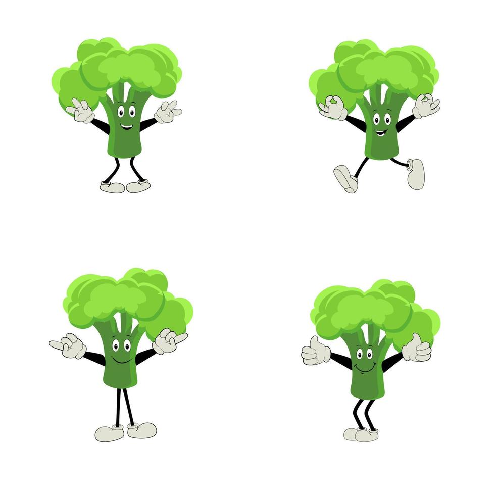 Broccoli mascot cartoon in vector. Cute happy smiling broccoli vegetable set collection. Vector flat cartoon character illustration icon design. content, happy, green smile, cheerful Face Emotion.