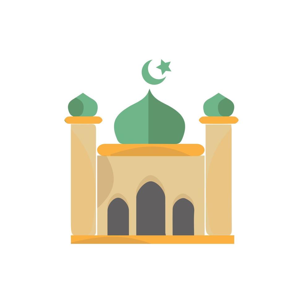 Muslim mosque isolated flat facade on white background. Flat with shadows architecture object. Vector cartoon design. Beautiful muslim temple icon illustration. Eastern cultural landmark.