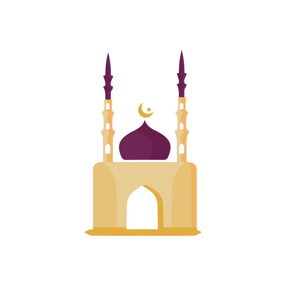 Muslim mosque isolated flat facade on white background. Flat with shadows architecture object. Vector cartoon design. Beautiful muslim temple icon illustration. Eastern cultural landmark.