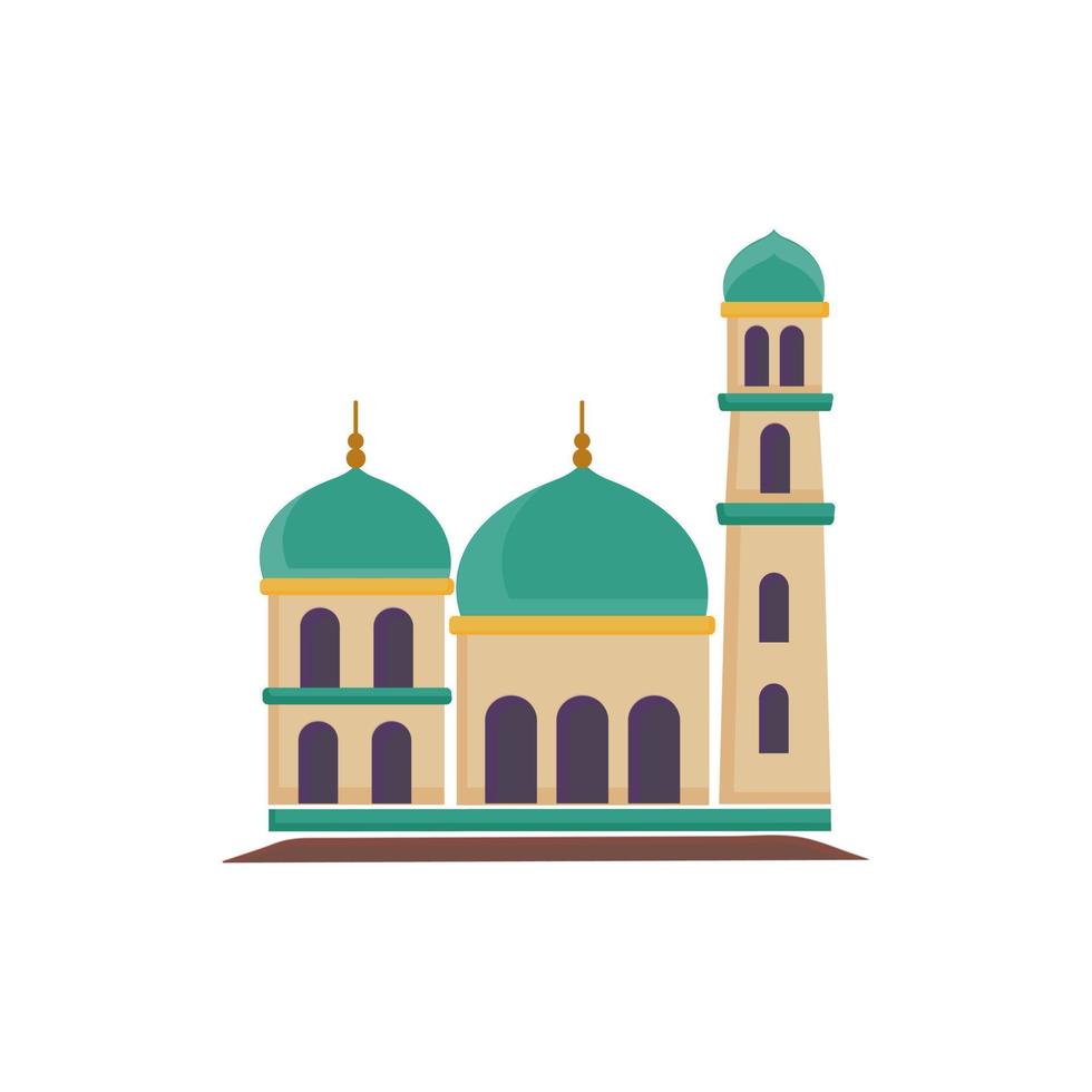 Muslim mosque isolated flat facade on white background. Flat with shadows architecture object. Vector cartoon design. Beautiful muslim temple icon illustration. Eastern cultural landmark.