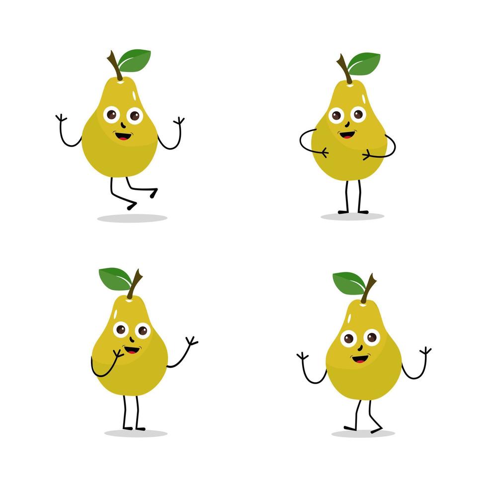 Pear fruit cartoon. Cute vector set of pear fruit character in different action emotion. Collection of pear characters in different expressions, Funny fruit mascot.