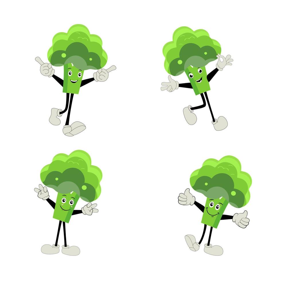Broccoli mascot cartoon in vector. Cute happy smiling broccoli vegetable set collection. Vector flat cartoon character illustration icon design. content, happy, green smile, cheerful Face Emotion.