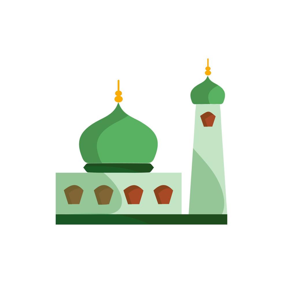 Muslim mosque isolated flat facade on white background. Flat with shadows architecture object. Vector cartoon design. Beautiful muslim temple icon illustration. Eastern cultural landmark.