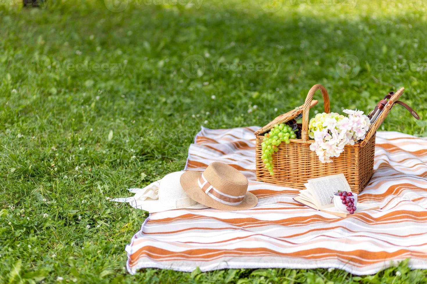 Picnic blanket with tasty food, basket on green grass outdoors. Space for text photo