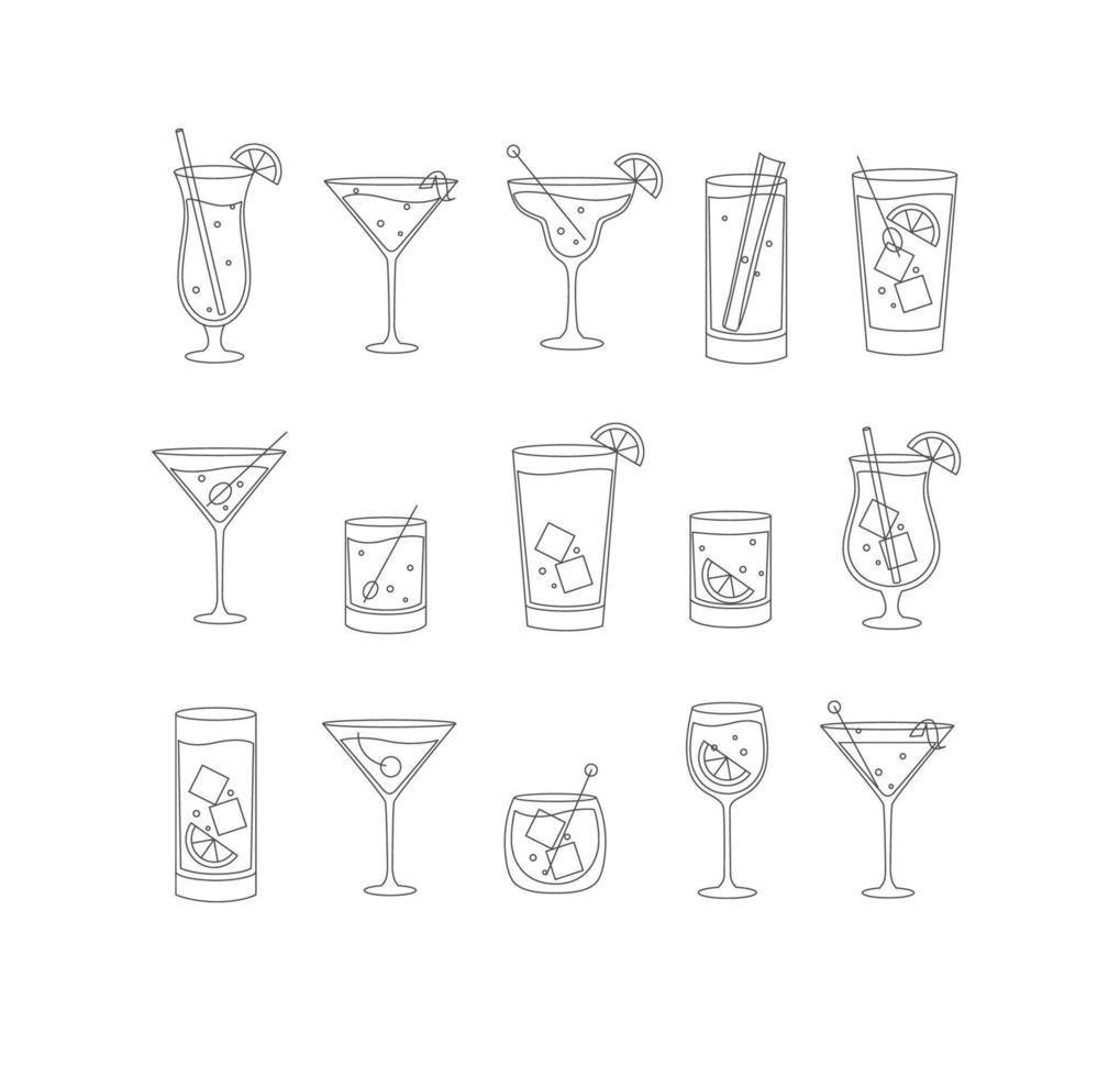 alcohol bebidas y cócteles icono conjunto en plano línea estilo en blanco antecedentes. vector