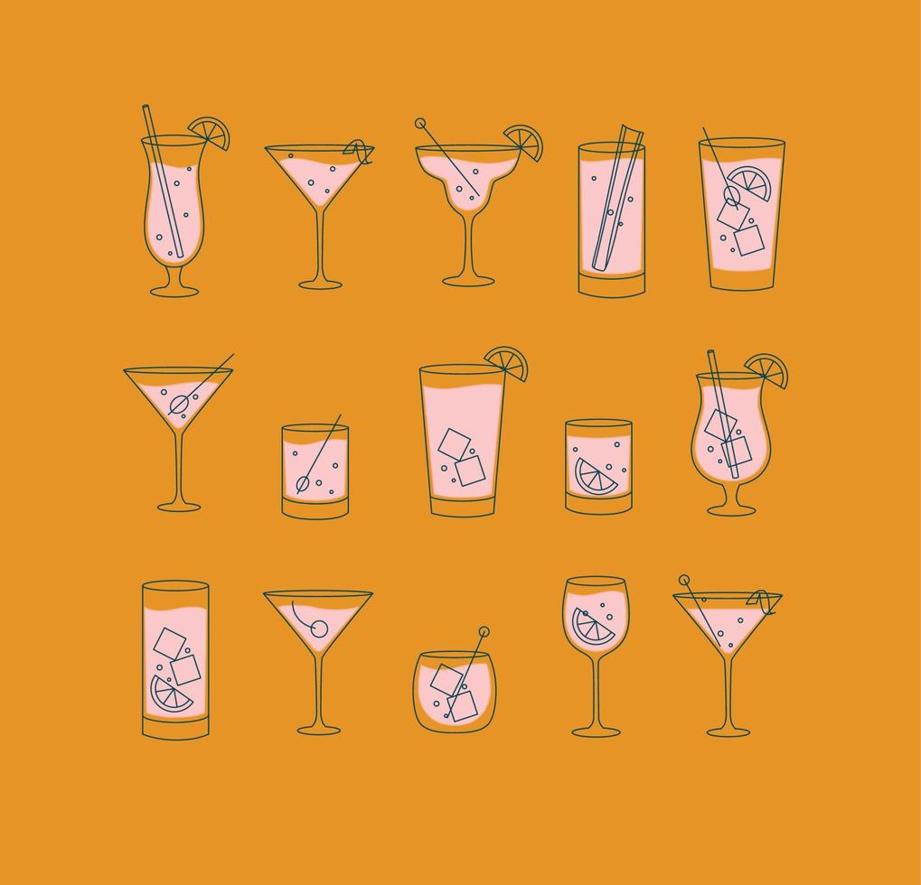 Alcohol drinks and cocktails icon set in flat line style on orange background. vector