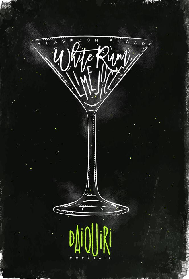 Daiquiri cocktail lettering teaspoon sugar, white rum, lime juice in vintage graphic style drawing with chalk and color on chalkboard background vector