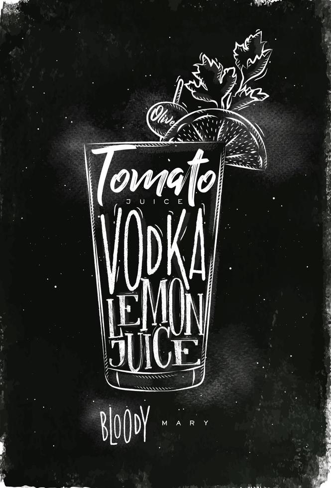 Bloody mary cocktail lettering tomato, vodka, lemon juice, olive in vintage graphic style drawing with chalk on chalkboard background vector