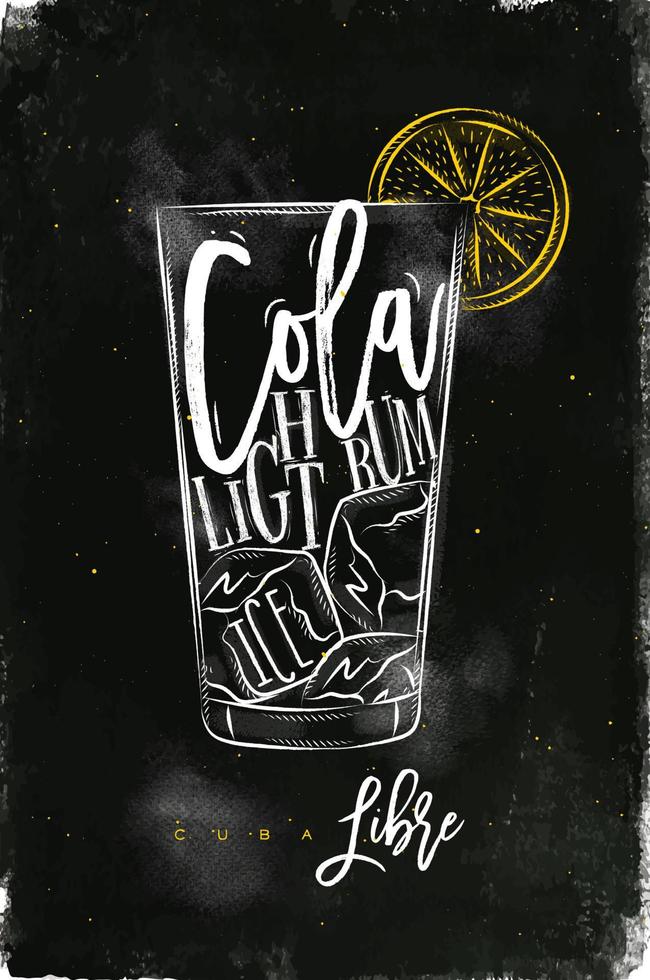 cuba libre cocktail letras cola, ron ligero, hielo en estilo gráfico vintage dibujo con tiza y color sobre fondo de pizarra vector