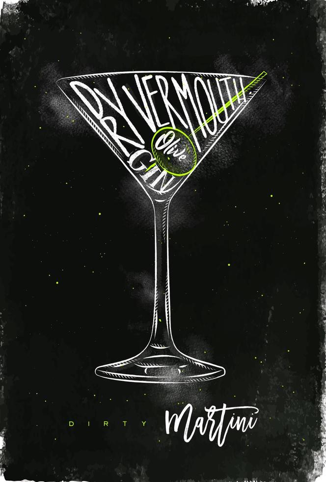 Dirty martini cocktail lettering dry vermouth, gin, olive in vintage graphic style drawing with chalk and color on chalkboard background vector