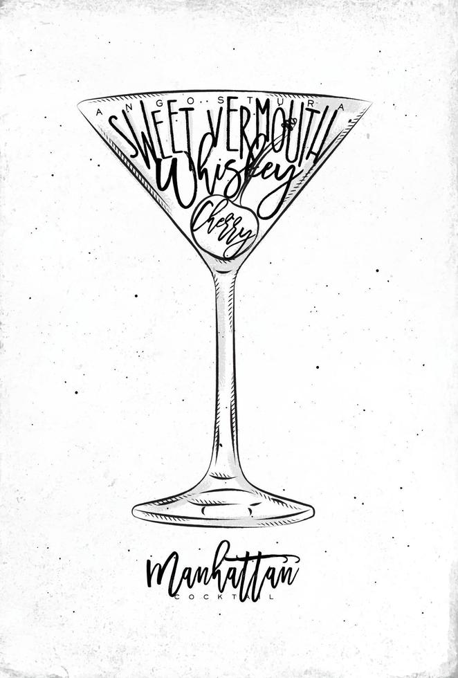 Manhattan cocktail lettering angostura, sweet vermouth, whiskey, cherry in vintage graphic style drawing on dirty paper background vector