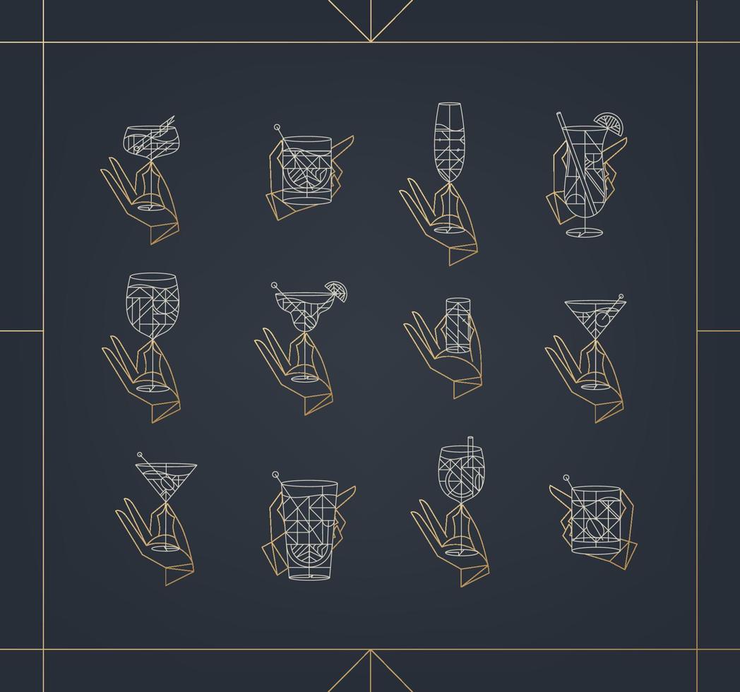 Set of hand holding drink glasses margarita, old fashioned, bloody mary, prosecco, pina colada, aperol spritz, shot, tom collins, dirty martini, wine, manhattan in art deco style on blue background. vector