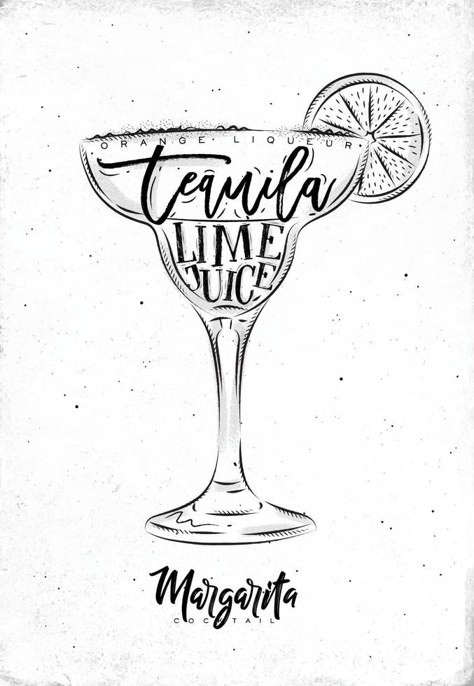 Margarita cocktail lettering orange liqueur, tequila, lime juice in vintage graphic style drawing dirty on paper background vector