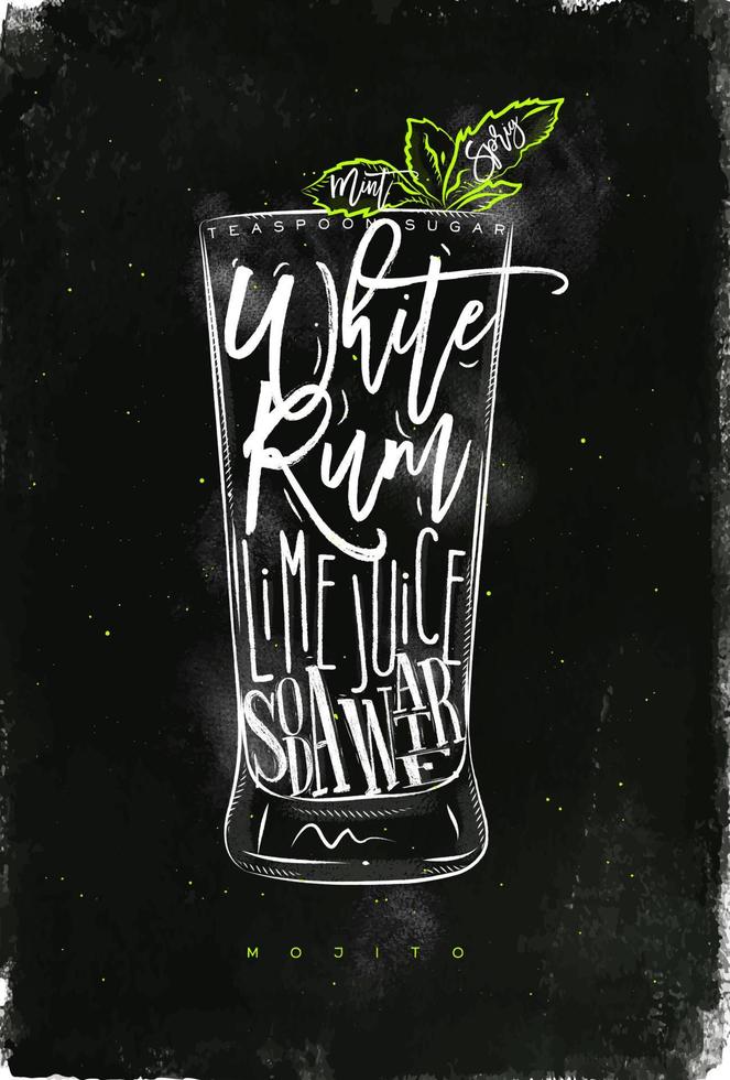 Mojito cocktail lettering teaspoon sugar, white rum, lime juice, soda water in vintage graphic style drawing with chalk and color on chalkboard background vector