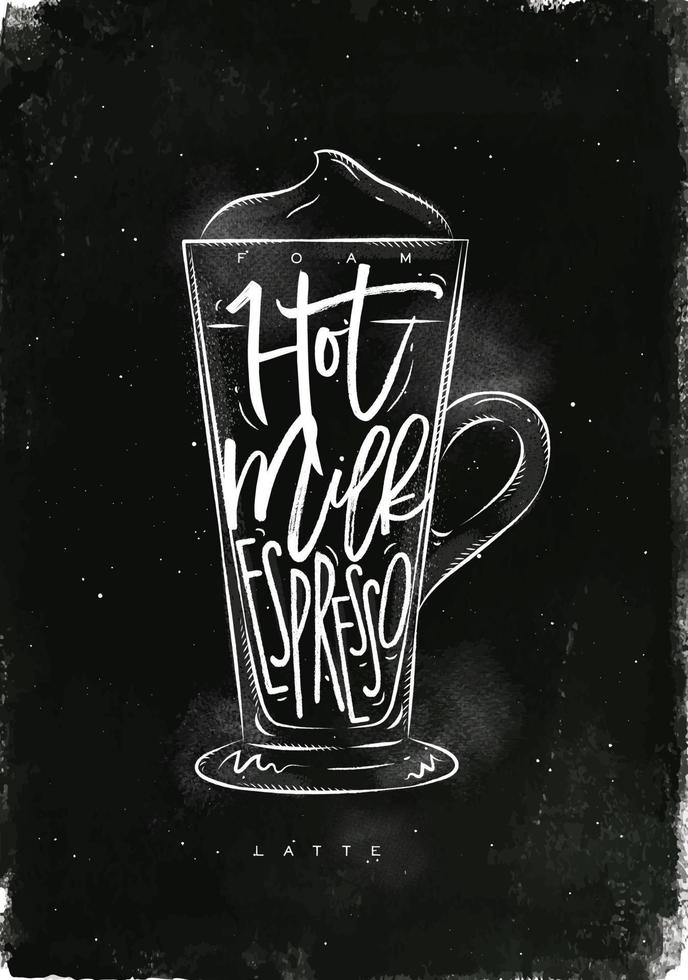 Coffee latte cup lettering foam, hot milk, espresso in vintage graphic style drawing with chalk on chalkboard background vector