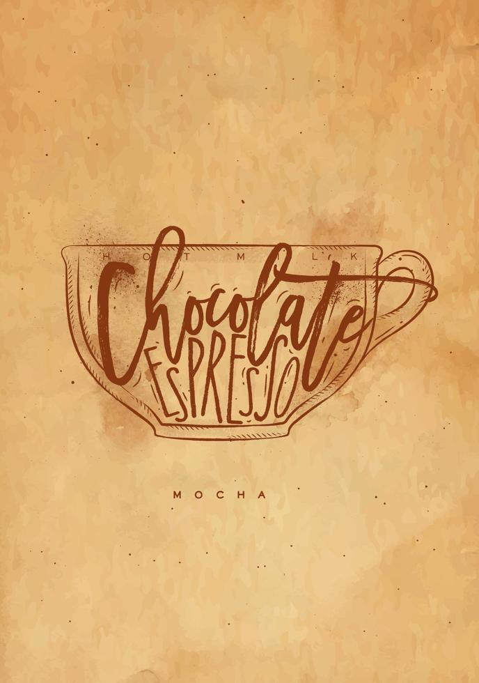 Macciato cup lettering foam, espresso in vintage graphic style drawing with craft vector