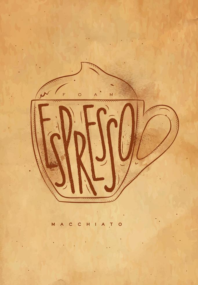 macciato taza letras espuma, Café exprés en Clásico gráfico estilo dibujo con arte vector