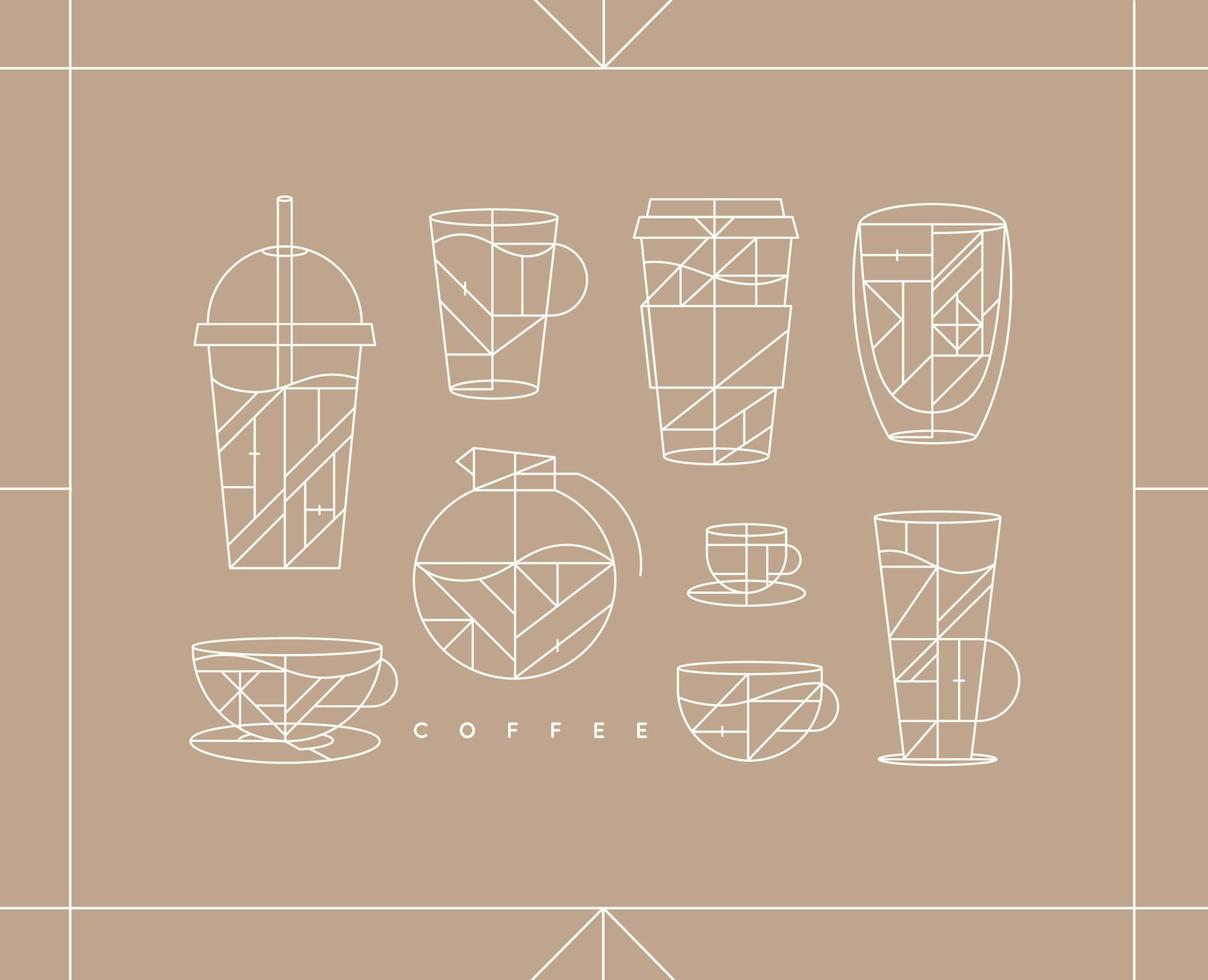 Set of creative modern art deco coffee cups in flat line style drawing on beige background. vector