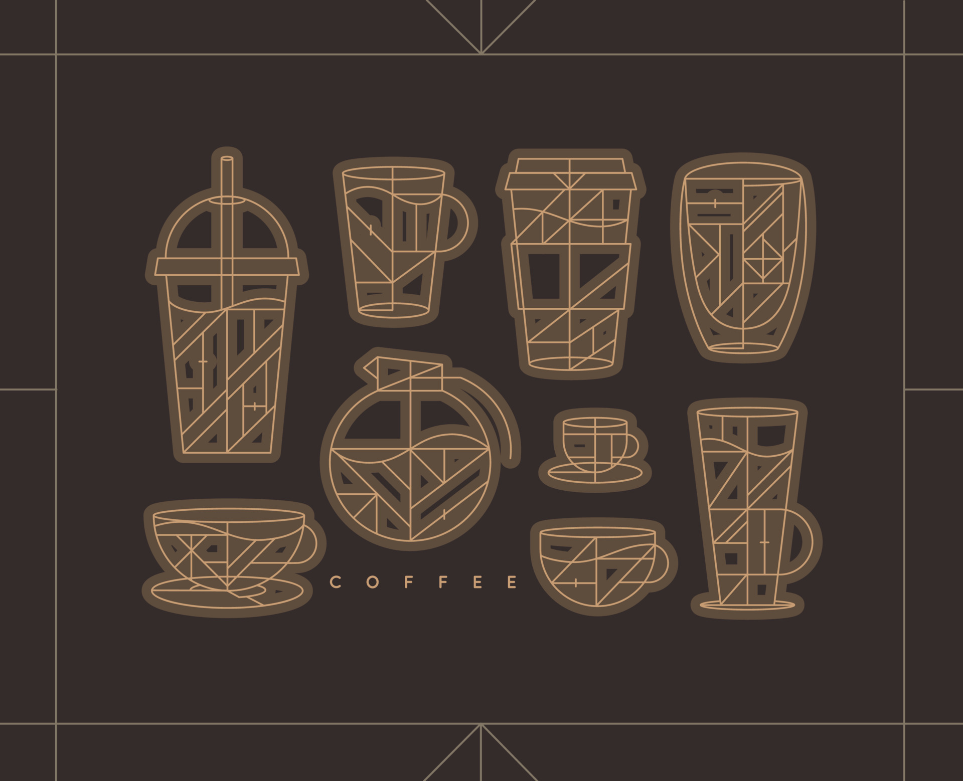 Set of creative modern art deco coffee cups in flat line style drawing