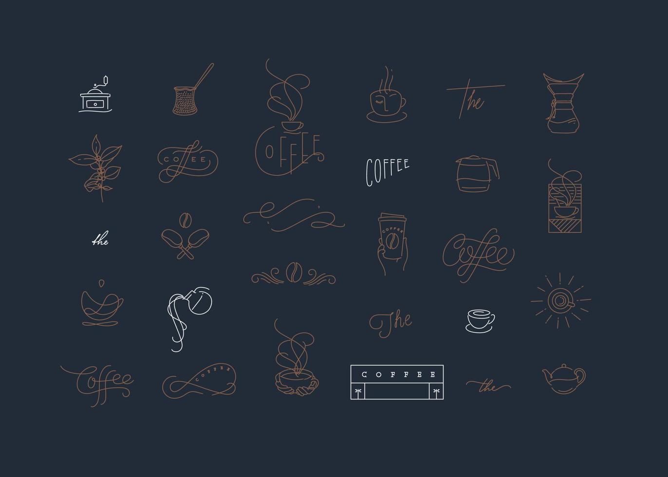 Set of minimalism modern coffee elements for your design drawing in flat line style on blue background vector