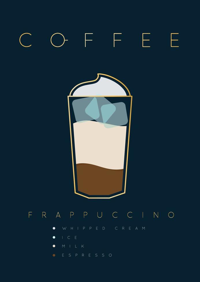 Poster coffee frappuccino with names of ingredients drawing in flat style on dark blue background vector