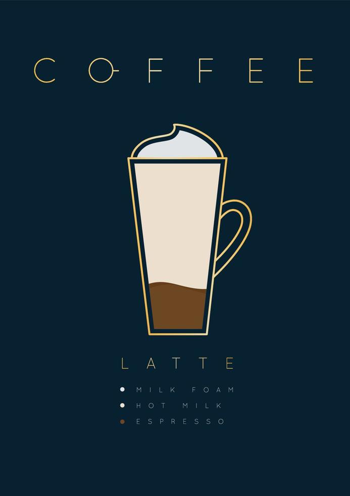 Poster coffee latte with names of ingredients drawing in flat style on dark blue background vector