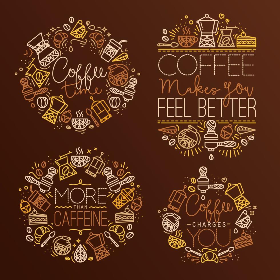 Coffee icon monograms in flat style, drawing with brown lines on dark brown background lettering coffee time, coffee makes you feel better, more than caffeine, coffee charges you vector