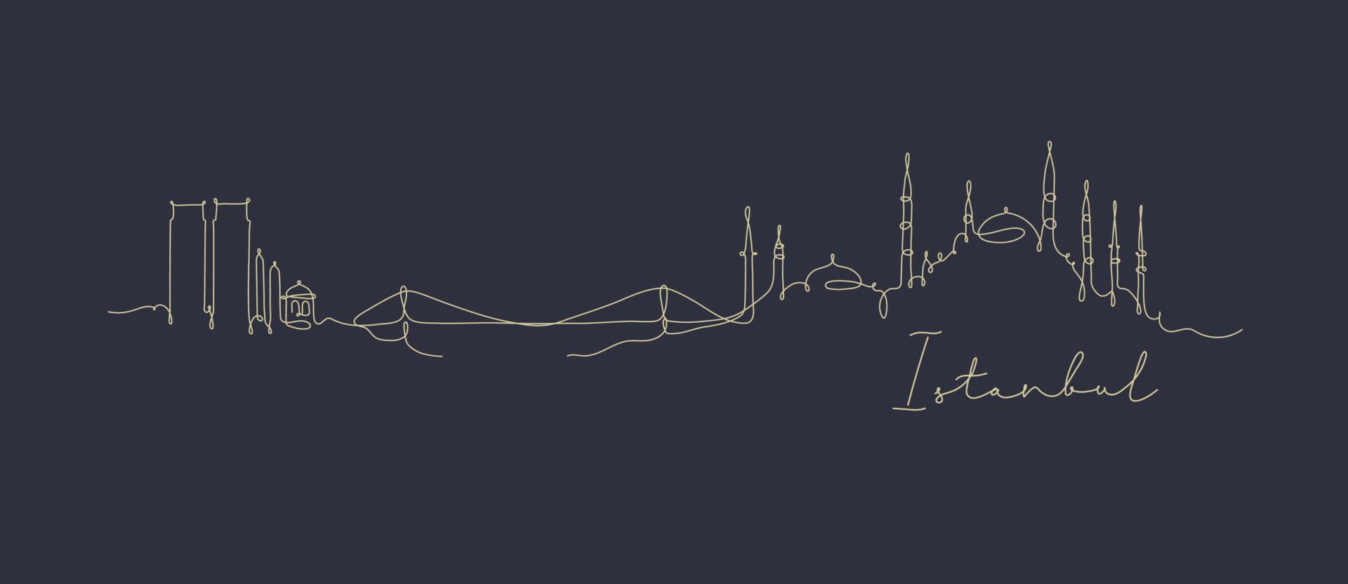 City silhouette Istanbul in pen line style drawing with beige lines on dark blue background vector