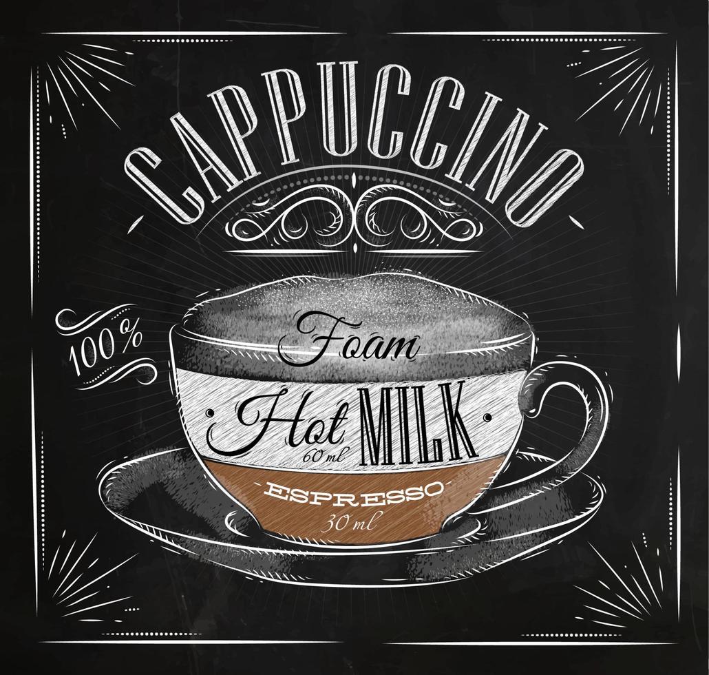 Poster coffee cappuccino in vintage style drawing with chalk on the blackboard vector