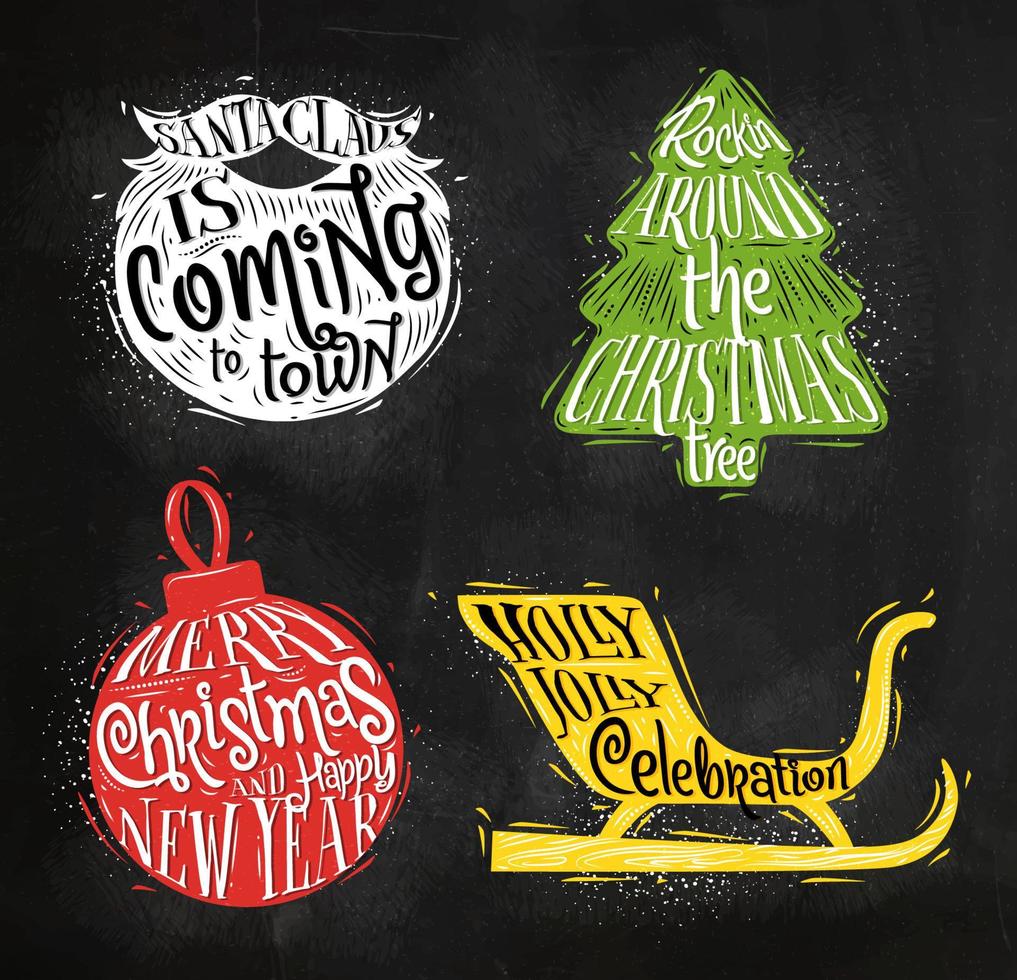 Christmas vintage silhouettes Santa's beard, Christmas tree, Christmas ball, Santa's sleigh with greeting lettering Sants Claus is coming to town, rockin around Christmas tree vector