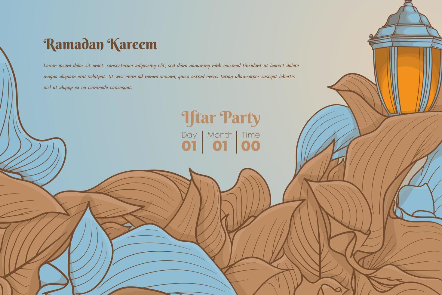 Hand drawn background design with brown leaves in cartoon design for ramadan kareem template vector