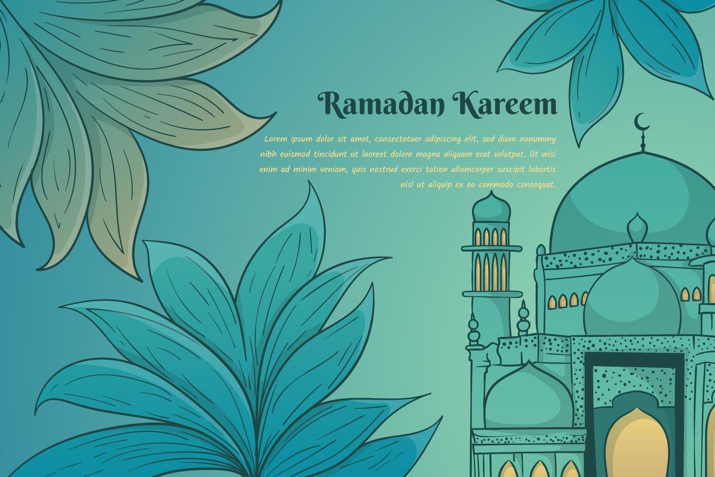 Ramadan kareem background template with leaves and mosque in green blue background design vector