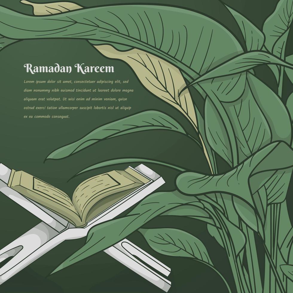 Al-Qur'an behind the leaves in green background with hand drawn design for ramadan kareem template vector