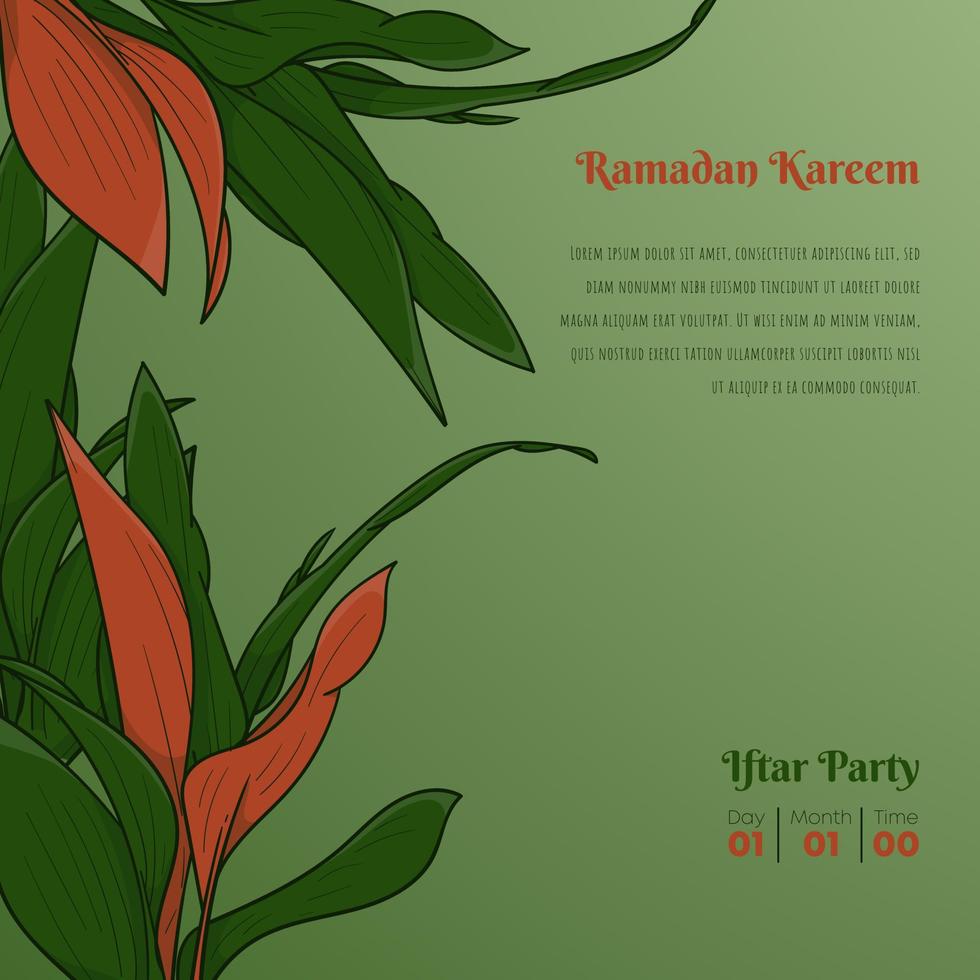 Green and orange leaves in green background design for ramadan kareem or eid mubarak template vector