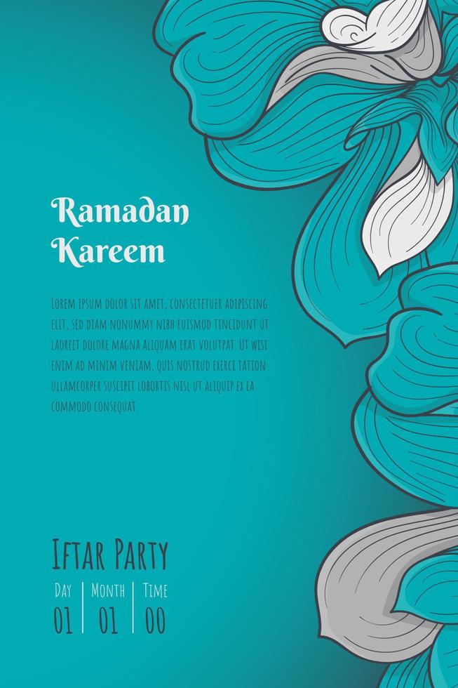 Ramadan kareem with green white leaves background in hand drawn design vector