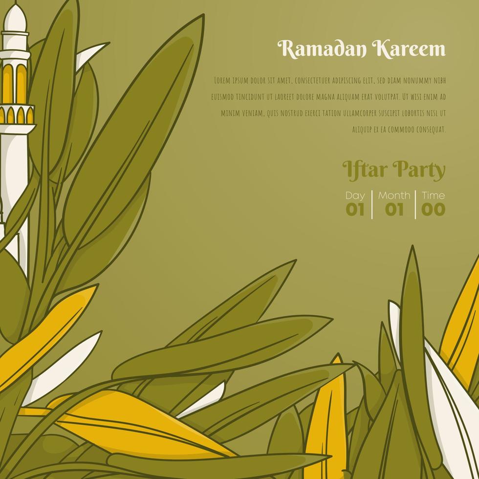 Ramadán kareem antecedentes con mezquita alminar y verde hojas en gand dibujado diseño vector