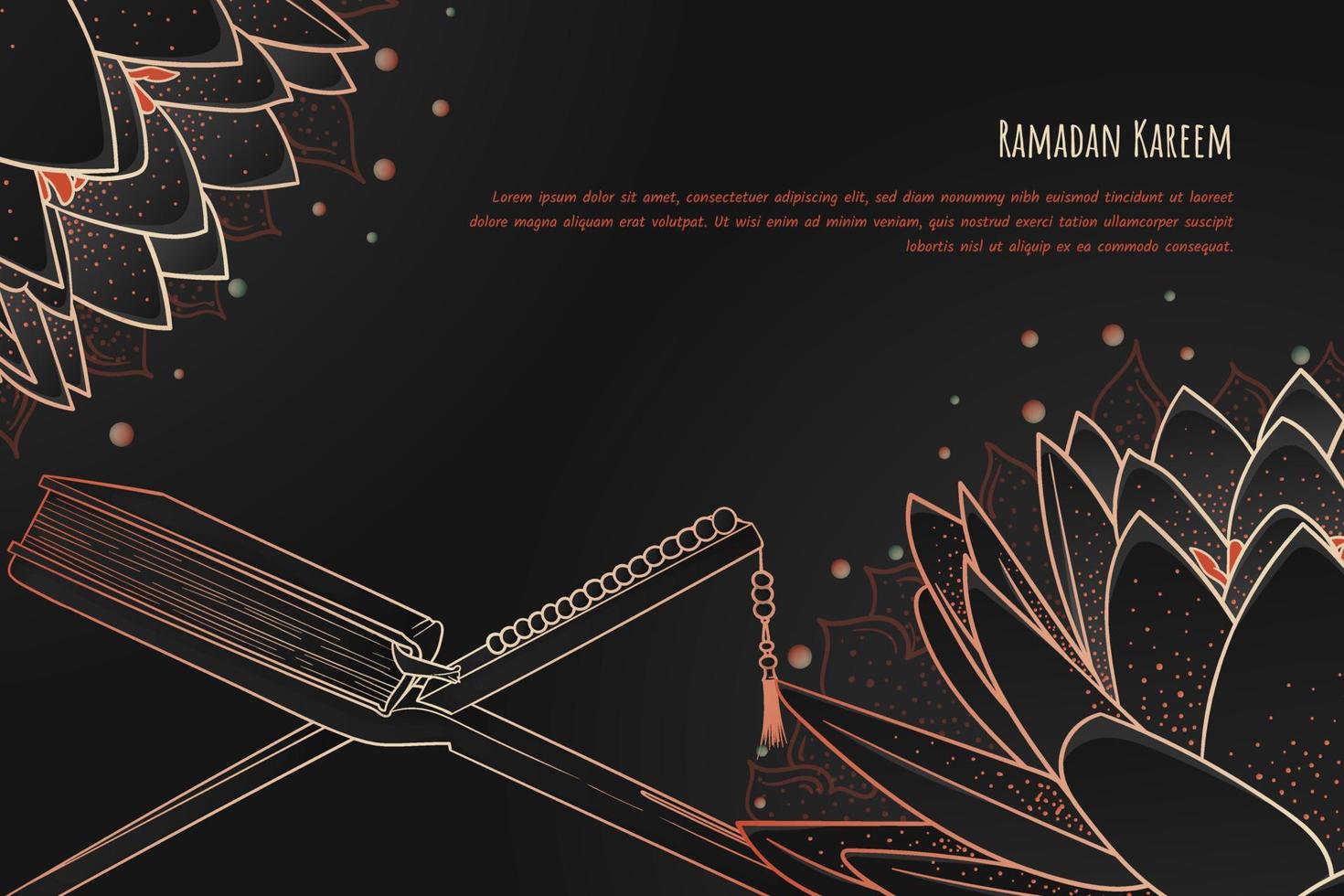 Black background with line art of Al-qur'an and lotus design for ramadan kareem template vector