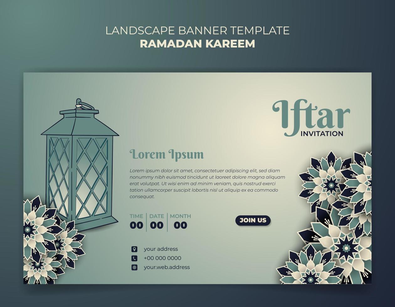 paisaje bandera modelo con mano dibujado linterna y ornamental antecedentes para Ramadán kareem vector