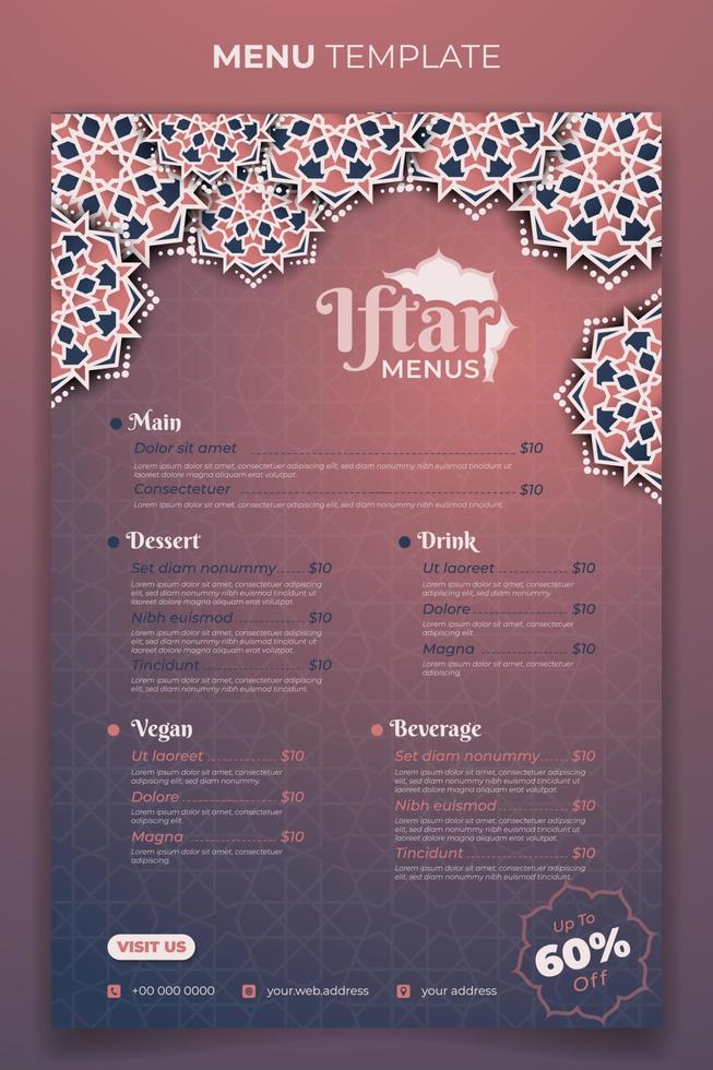 iftar menú para Ramadán kareem comida menú con ornamental antecedentes diseño vector