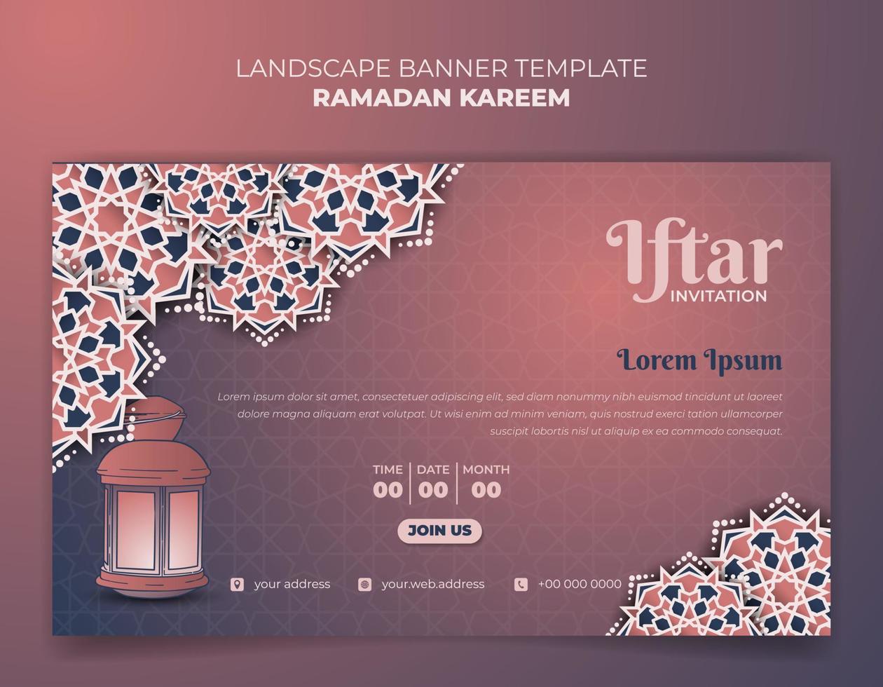 Ramadan kareem banner template design with lantern and ornamental background for advertising design vector